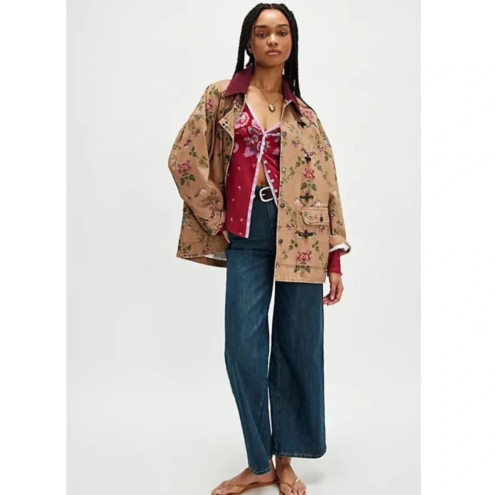 FREE PEOPLE Home Grown Floral Majenta Combo Button-Up Women's Mesh Cardigan
